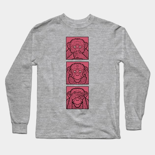 Three wise monkeys, see noe evil, hear no evil, speak no evil, in pink Long Sleeve T-Shirt by weilertsen